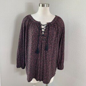Chaps Womens Plus XXL Floral Lace Up Tassel Peasant Top Boho Blouse Shirt